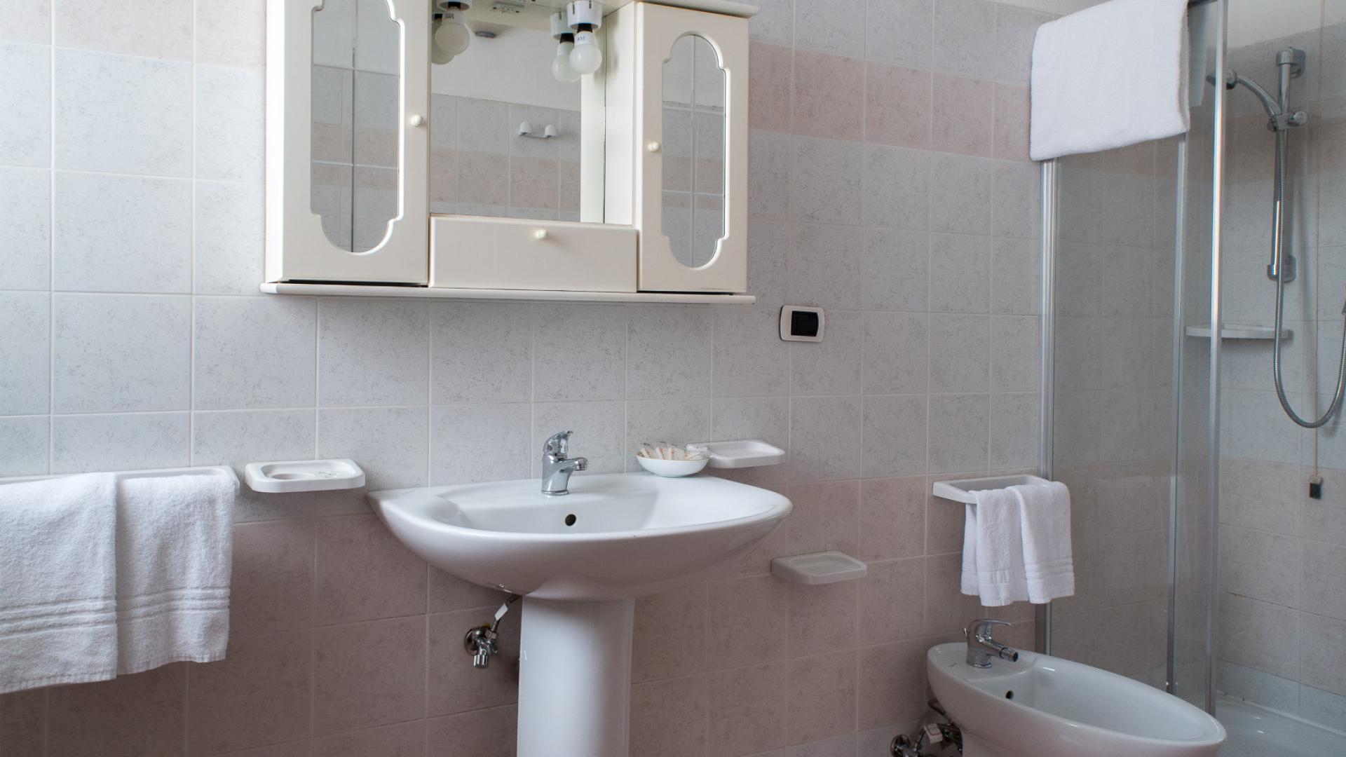 Bagno moderno con doccia, lavandino, bidet e armadietto a specchio.